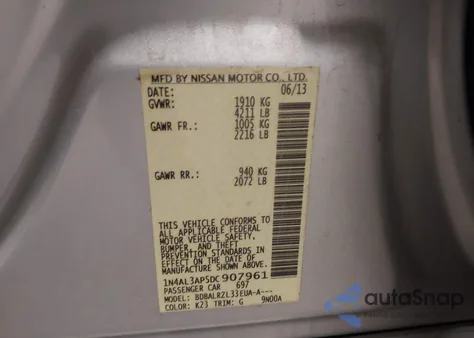 2013 Nissan Altima 2.5 S from USA, damaged, VIN 1N4AL3AP5DC907961